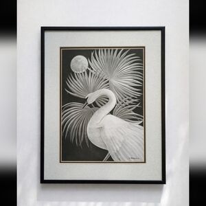 Vintage 80s Framed Art Deco Print Featuring A Night Scene Swan, Moon, & Palms.